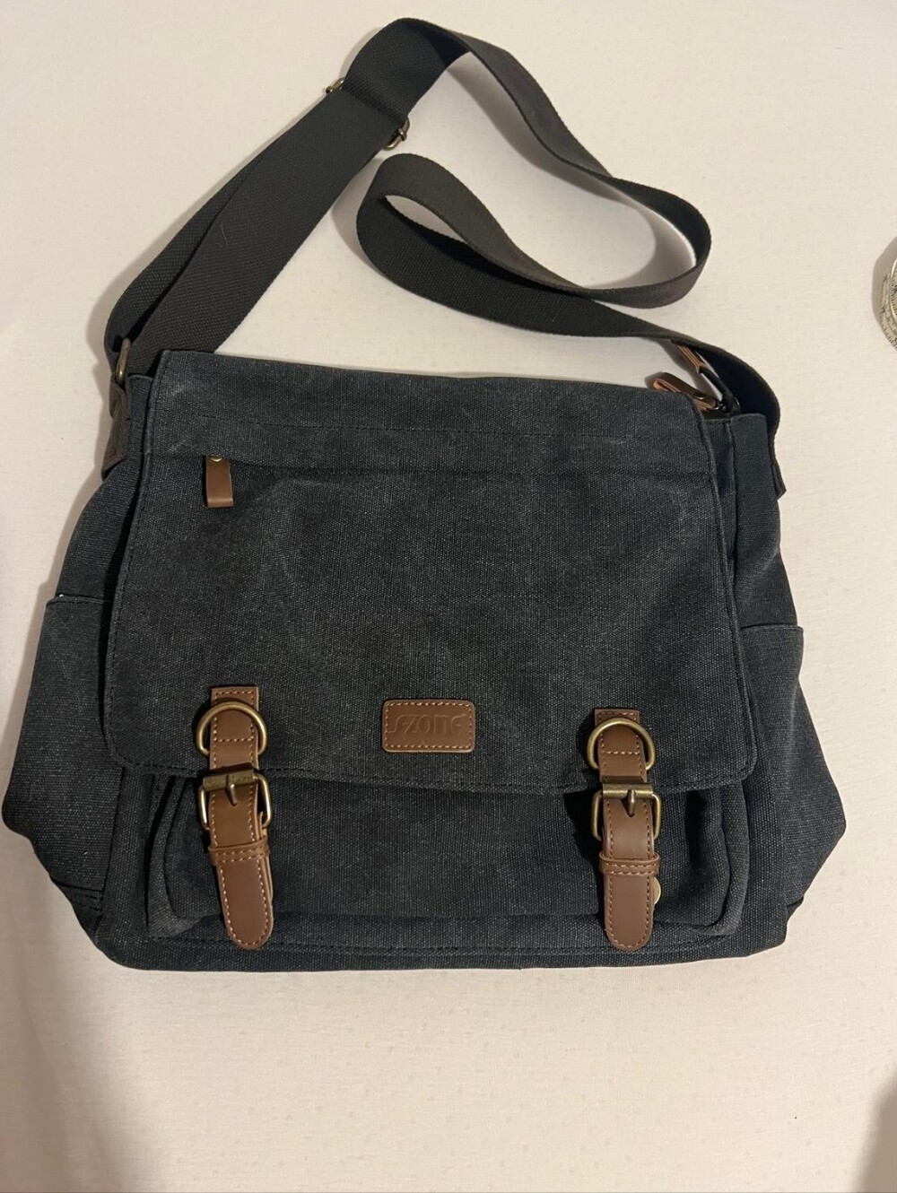 Unbranded Men's Charcoal Canvas Messenger Bag with Brown Trim